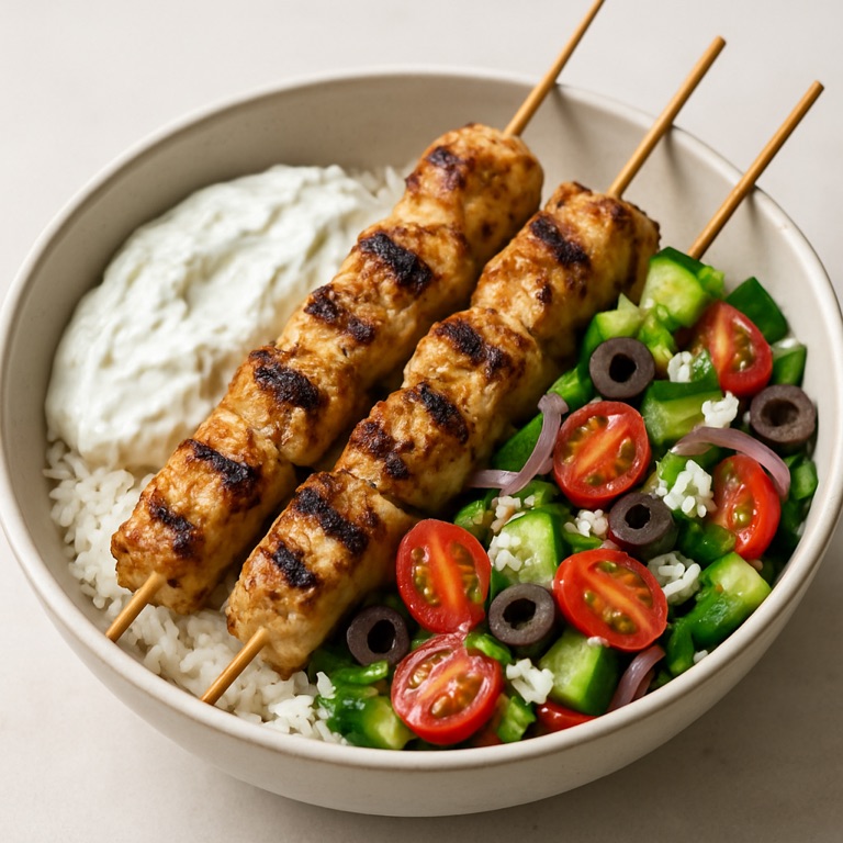 Greek Chicken Souvlaki Bowl with Tzatziki and Salad