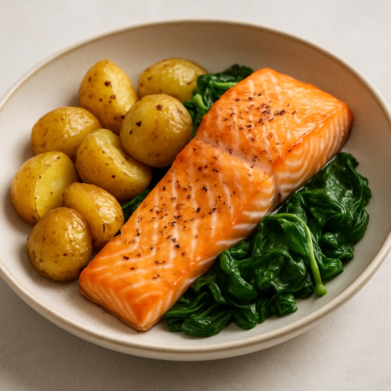 Baked Salmon with Potatoes and Spinach